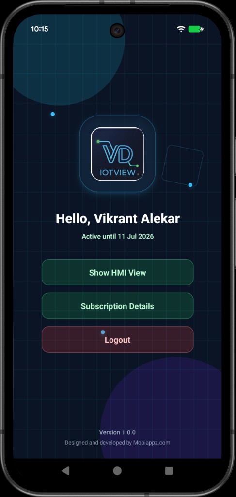 VD IOTVIEW home screen with HMI View and subscription details